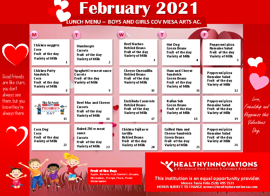 Menus of the Month February 2021 Mesa Arts Academy